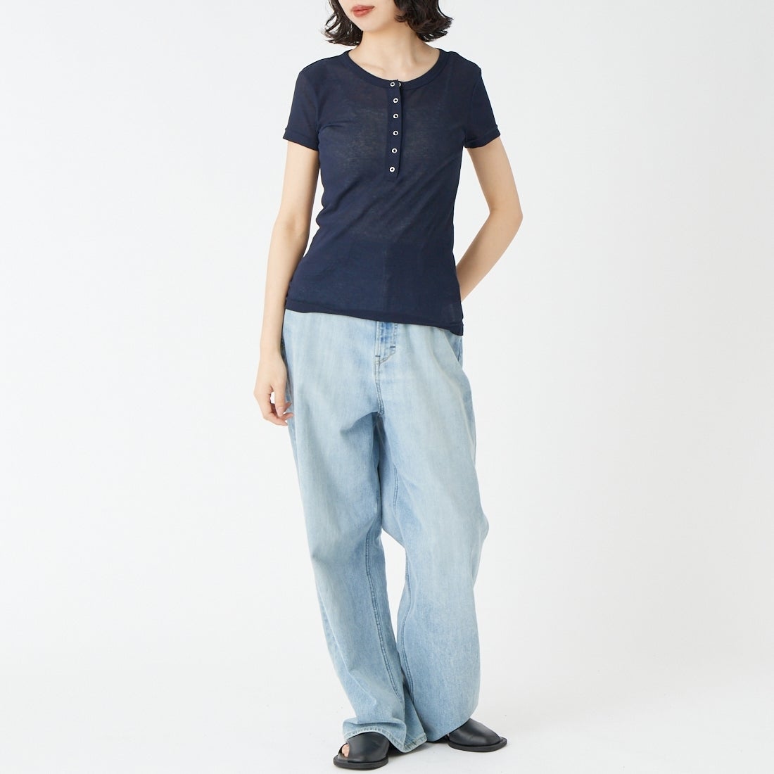USINE [ユジーヌ] シアーリブヘンリーネックTシャツ [21267068] 076 ﾈｲﾋﾞｰ &&モデル身長：162cm 着用サイズ：F&&