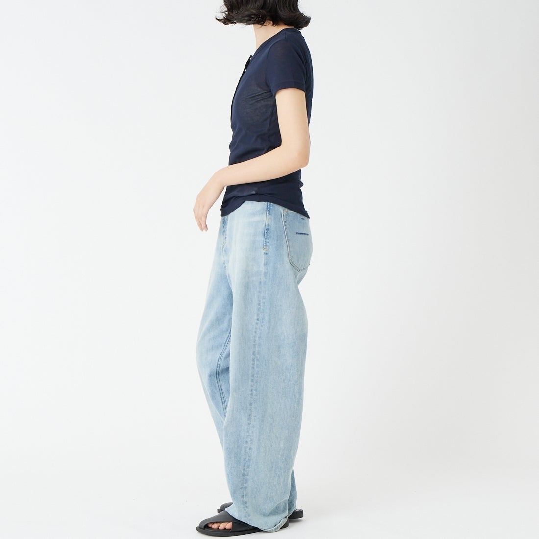 USINE [ユジーヌ] シアーリブヘンリーネックTシャツ [21267068] 076 ﾈｲﾋﾞｰ &&モデル身長：162cm 着用サイズ：F&&