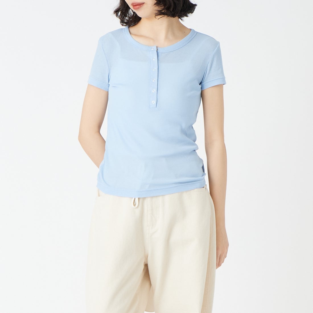 USINE [ユジーヌ] シアーリブヘンリーネックTシャツ [21267068] 073 ｻｯｸｽ &&モデル身長：162cm 着用サイズ：F&&