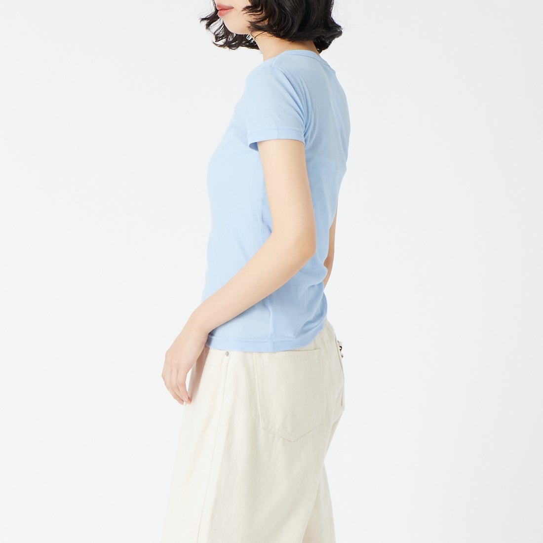 USINE [ユジーヌ] シアーリブヘンリーネックTシャツ [21267068] 073 ｻｯｸｽ &&モデル身長：162cm 着用サイズ：F&&