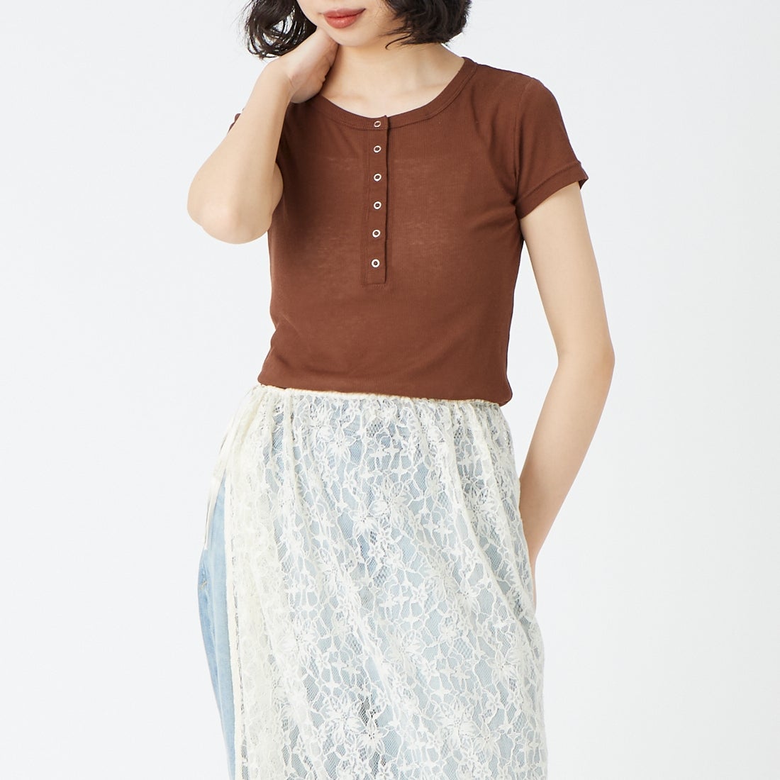 USINE [ユジーヌ] シアーリブヘンリーネックTシャツ [21267068] 037 ﾌﾞﾗｳﾝ &&モデル身長：162cm 着用サイズ：F&&
