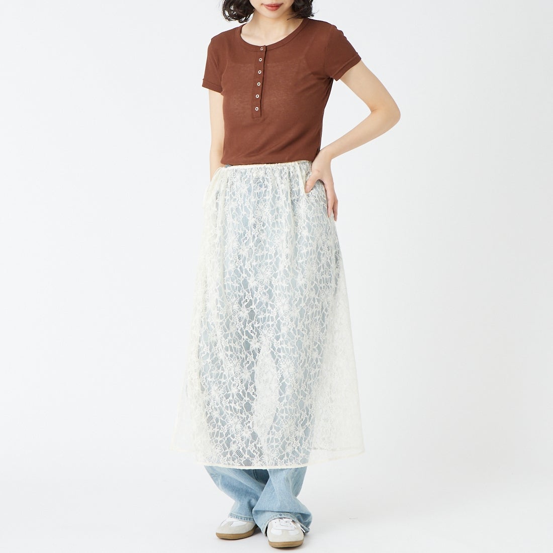 USINE [ユジーヌ] シアーリブヘンリーネックTシャツ [21267068] 037 ﾌﾞﾗｳﾝ &&モデル身長：162cm 着用サイズ：F&&