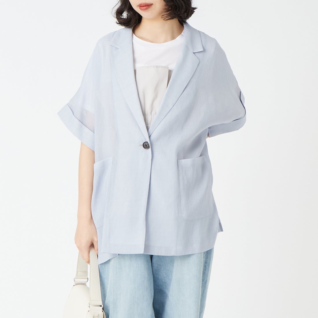 USINE [ユジーヌ] リネンライクシアーショートスリーブジャケット [21267061] 073 Lﾌﾞﾙｰ &&モデル身長：162cm 着用サイズ：F&&