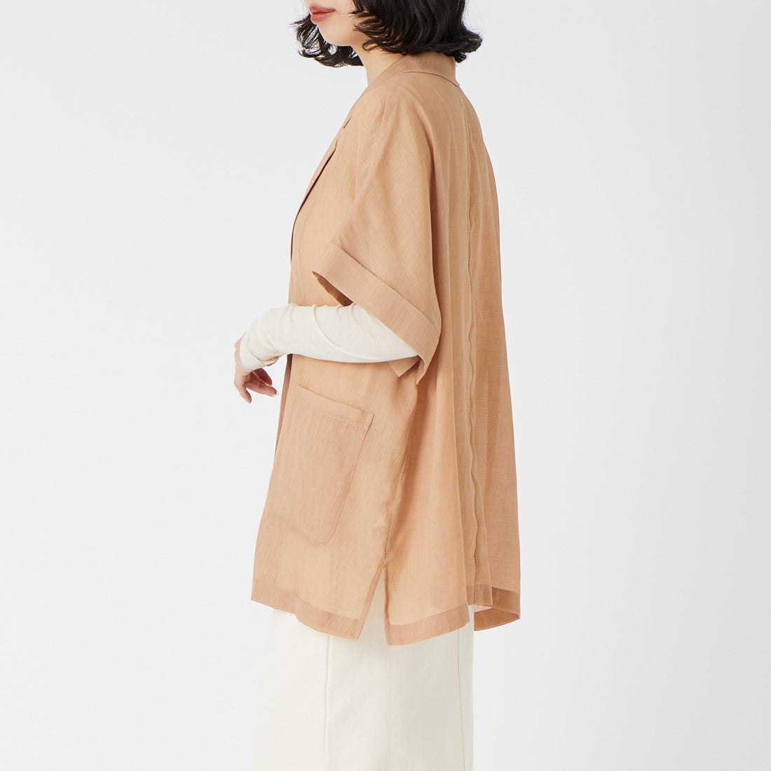 USINE [ユジーヌ] リネンライクシアーショートスリーブジャケット [21267061] 020 ｵﾚﾝｼﾞ &&モデル身長：162cm 着用サイズ：F&&