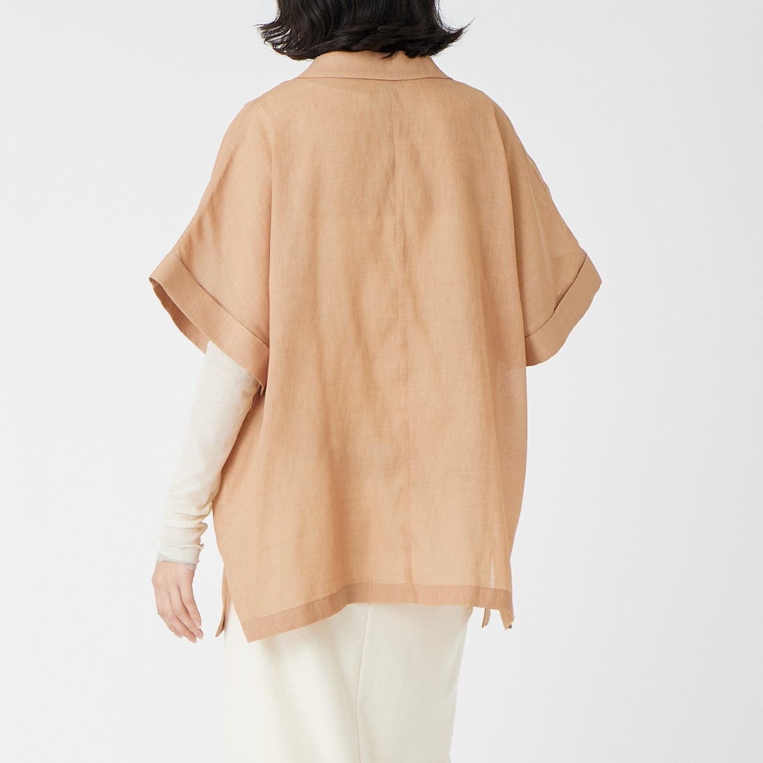 USINE [ユジーヌ] リネンライクシアーショートスリーブジャケット [21267061] 020 ｵﾚﾝｼﾞ &&モデル身長：162cm 着用サイズ：F&&