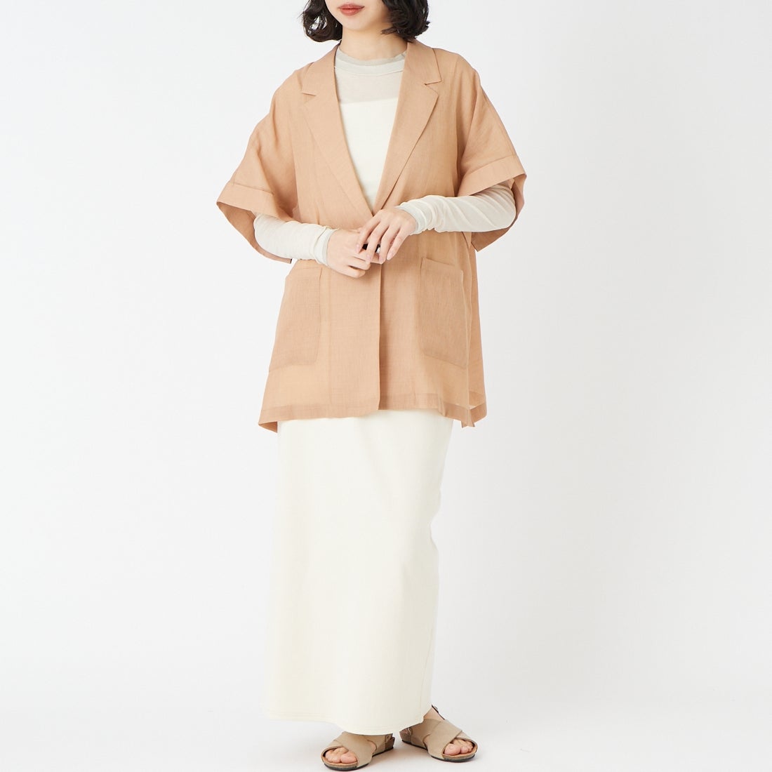 USINE [ユジーヌ] リネンライクシアーショートスリーブジャケット [21267061] 020 ｵﾚﾝｼﾞ &&モデル身長：162cm 着用サイズ：F&&