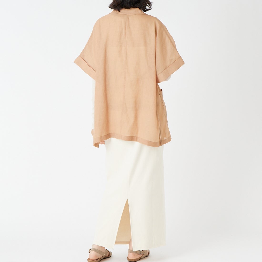 USINE [ユジーヌ] リネンライクシアーショートスリーブジャケット [21267061] 020 ｵﾚﾝｼﾞ &&モデル身長：162cm 着用サイズ：F&&