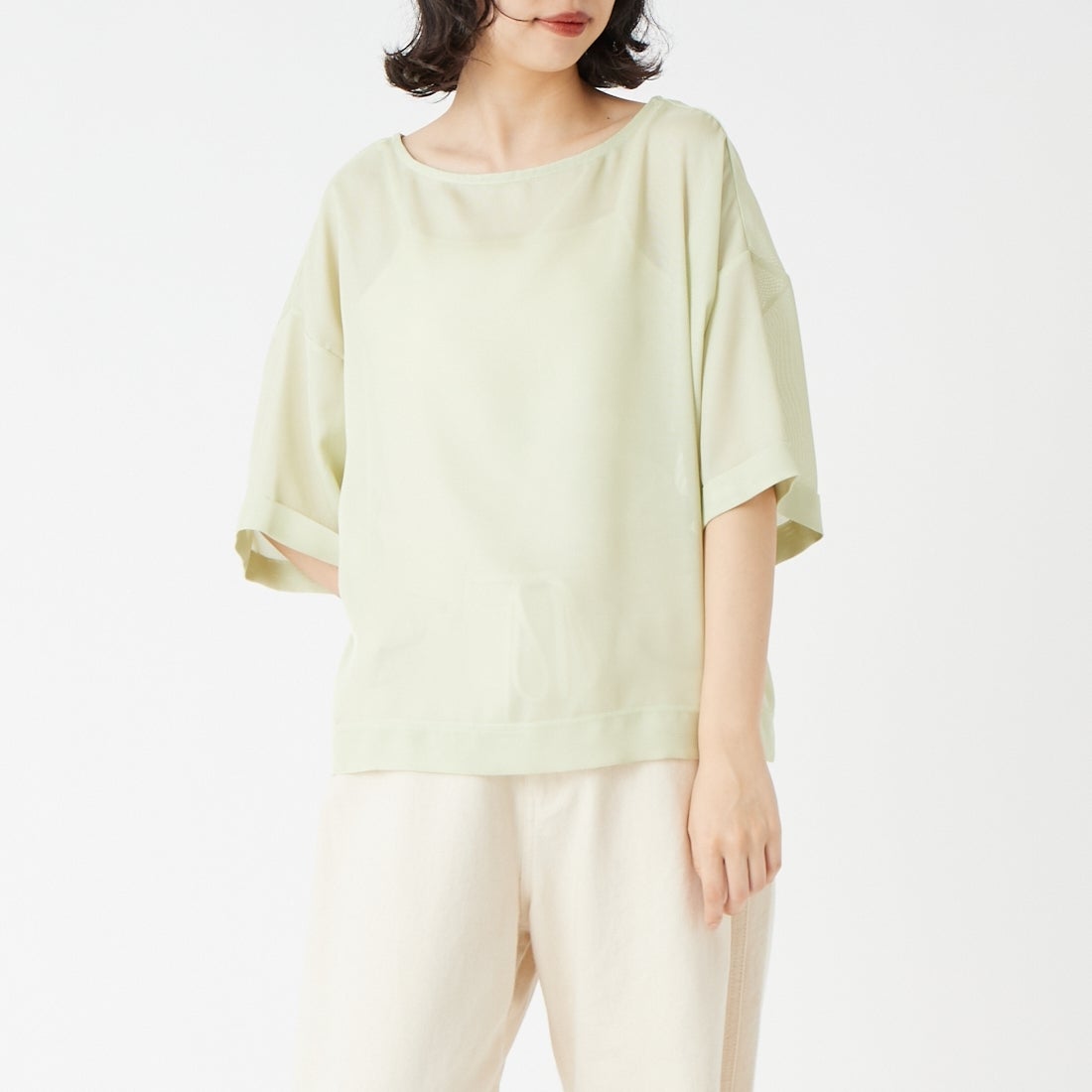 USINE [ユジーヌ] 5分袖メッシュTシャツ [21268054] 060 Lｸﾞﾘｰﾝ &&モデル身長：162cm 着用サイズ：F&&