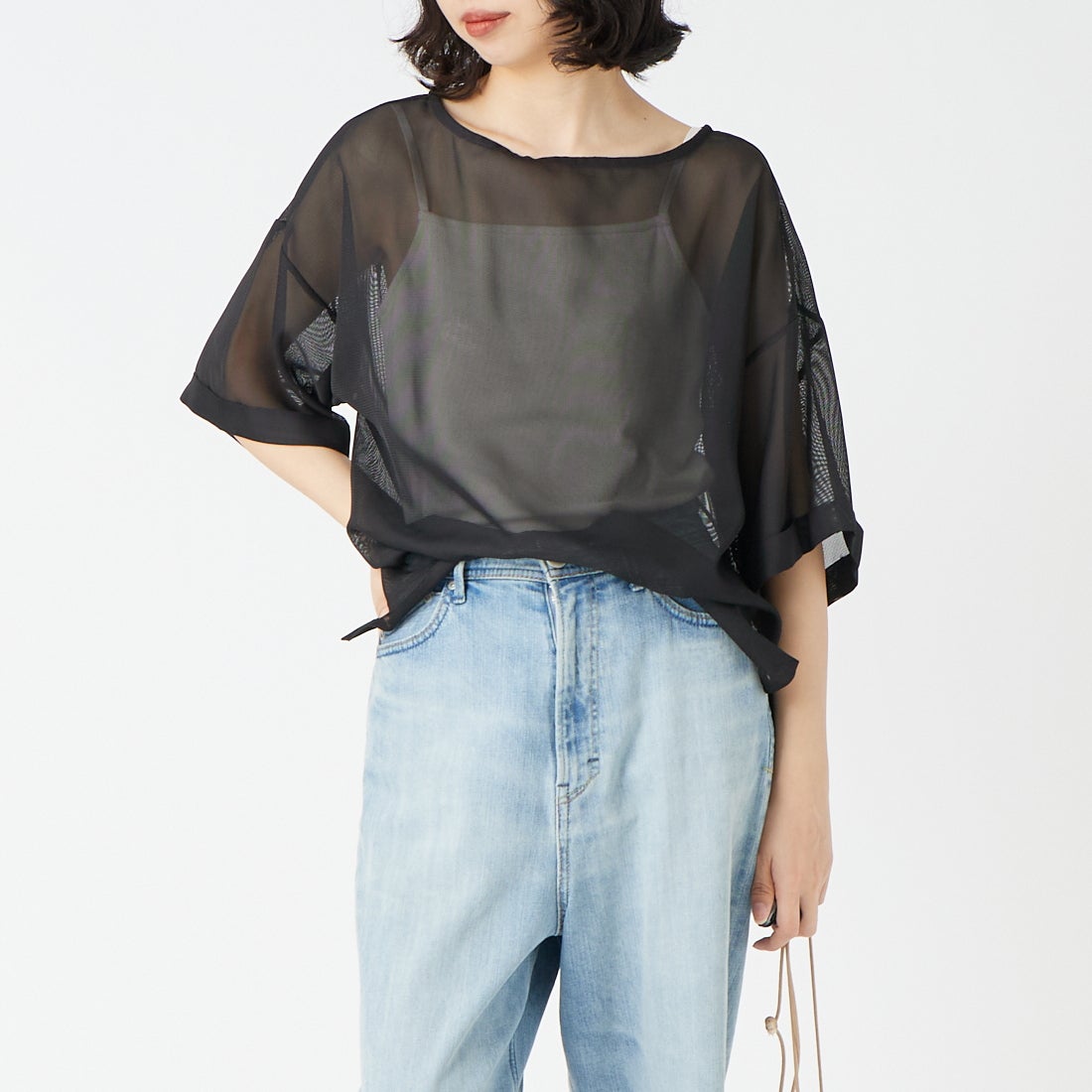 USINE [ユジーヌ] 5分袖メッシュTシャツ [21268054] 004 ﾌﾞﾗｯｸ &&モデル身長：162cm 着用サイズ：F&&