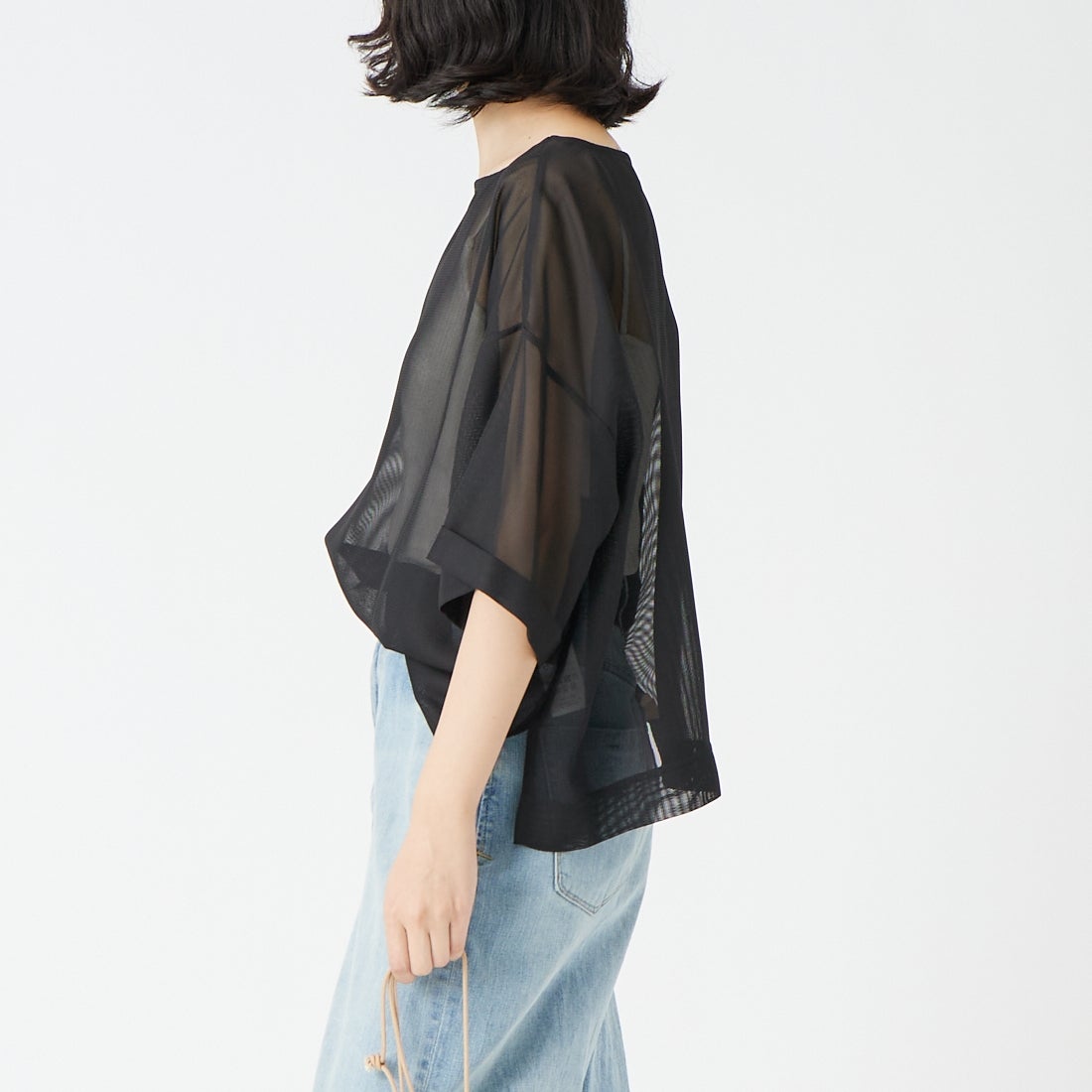 USINE [ユジーヌ] 5分袖メッシュTシャツ [21268054] 004 ﾌﾞﾗｯｸ &&モデル身長：162cm 着用サイズ：F&&