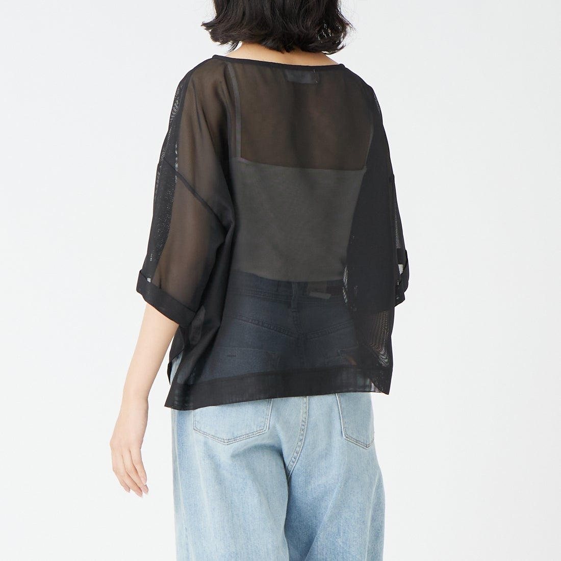 USINE [ユジーヌ] 5分袖メッシュTシャツ [21268054] 004 ﾌﾞﾗｯｸ &&モデル身長：162cm 着用サイズ：F&&