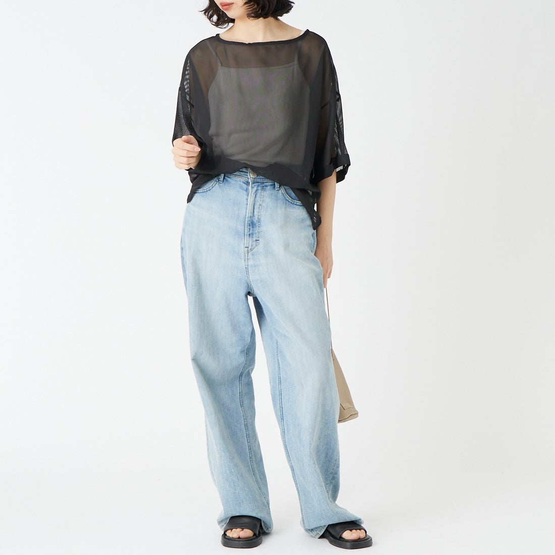 USINE [ユジーヌ] 5分袖メッシュTシャツ [21268054] 004 ﾌﾞﾗｯｸ &&モデル身長：162cm 着用サイズ：F&&