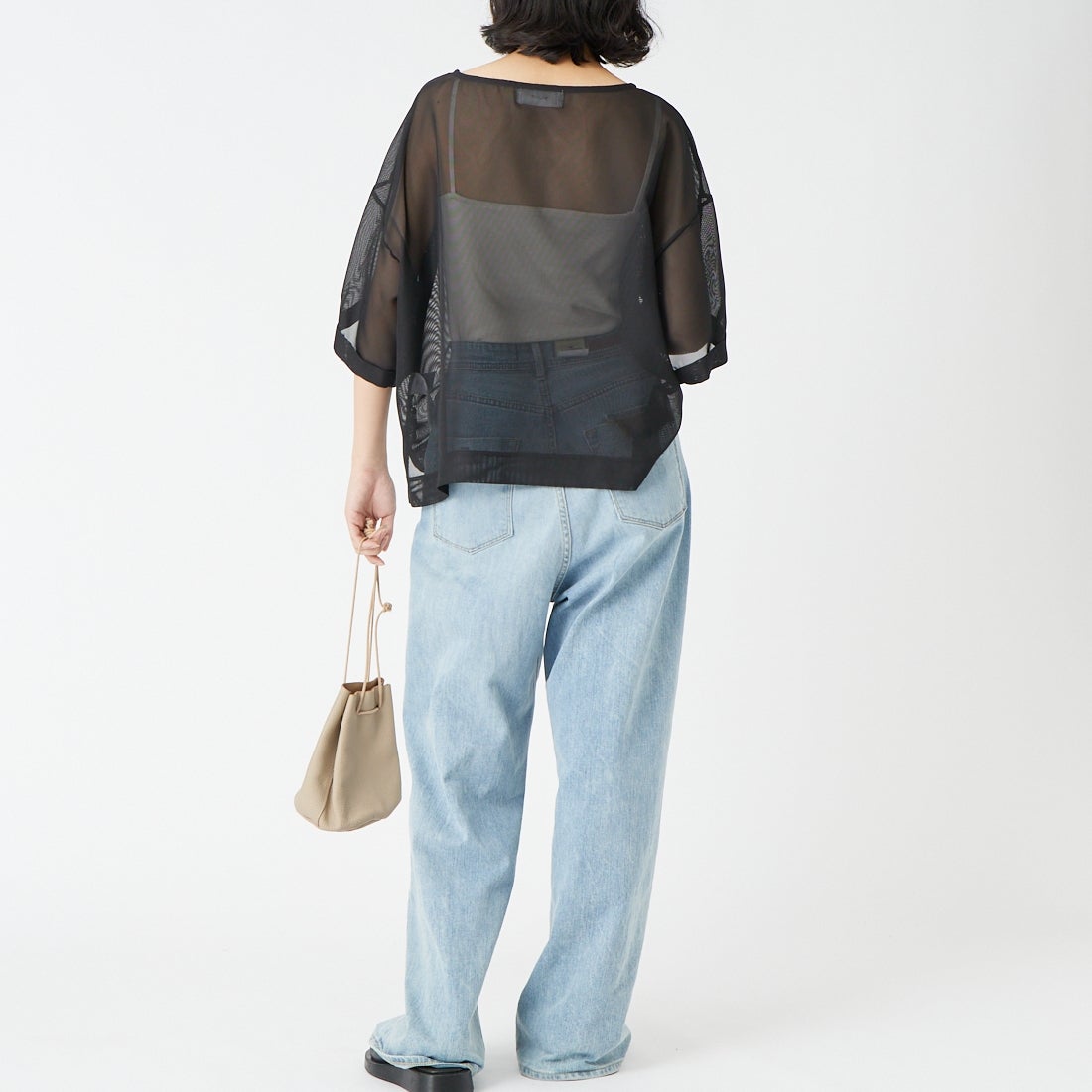 USINE [ユジーヌ] 5分袖メッシュTシャツ [21268054] 004 ﾌﾞﾗｯｸ &&モデル身長：162cm 着用サイズ：F&&