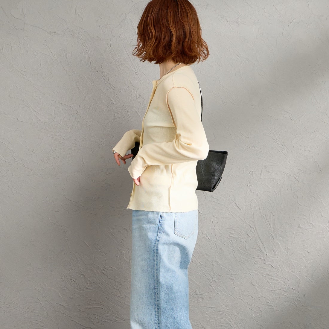MEYAME [メヤメ] ソフトリブ サイドステッチ カーディガン [MEY-2335] CREAM &&モデル身長：158cm 着用サイズ：F&&