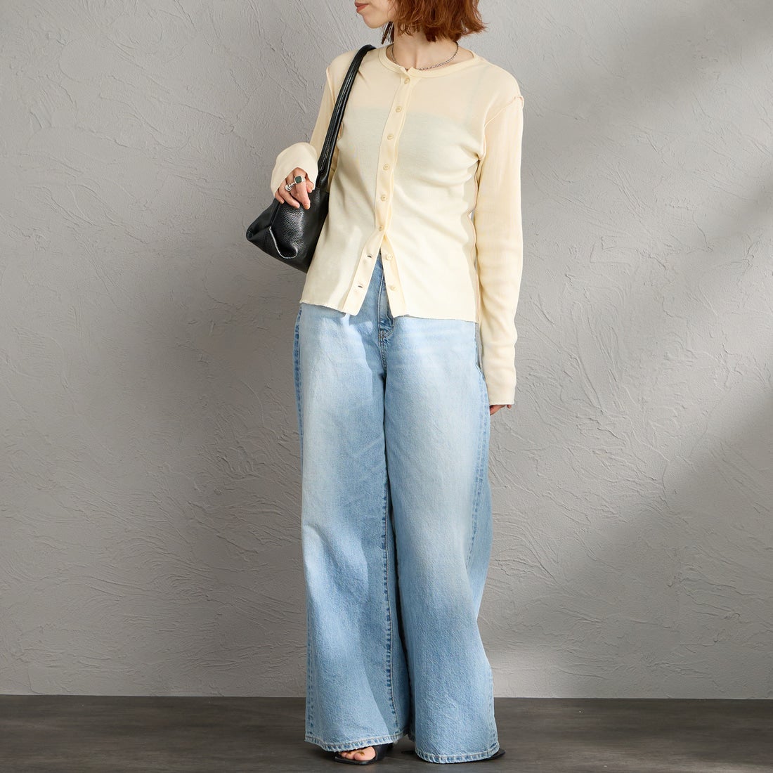 MEYAME [メヤメ] ソフトリブ サイドステッチ カーディガン [MEY-2335] CREAM &&モデル身長：158cm 着用サイズ：F&&