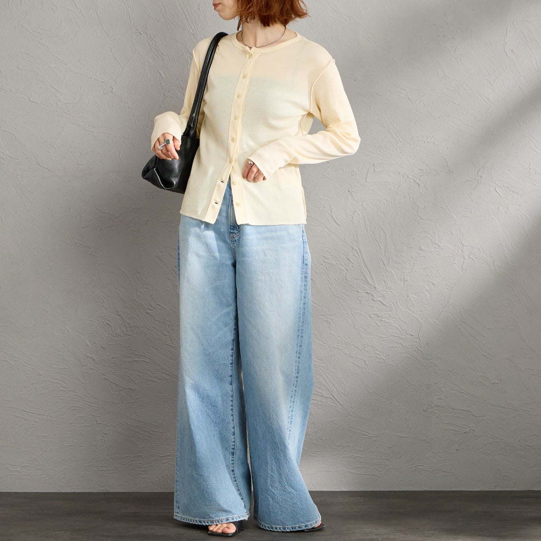 MEYAME [メヤメ] ソフトリブ サイドステッチ カーディガン [MEY-2335] CREAM &&モデル身長：158cm 着用サイズ：F&&