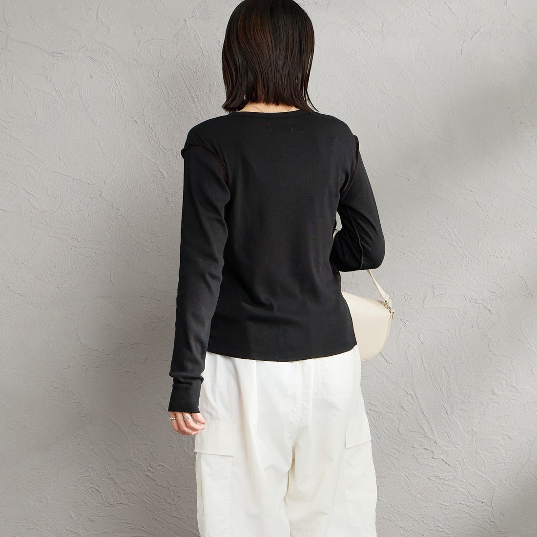 MEYAME [メヤメ] ソフトリブ サイドステッチ カーディガン [MEY-2335] BLACK &&モデル身長：160cm 着用サイズ：F&&