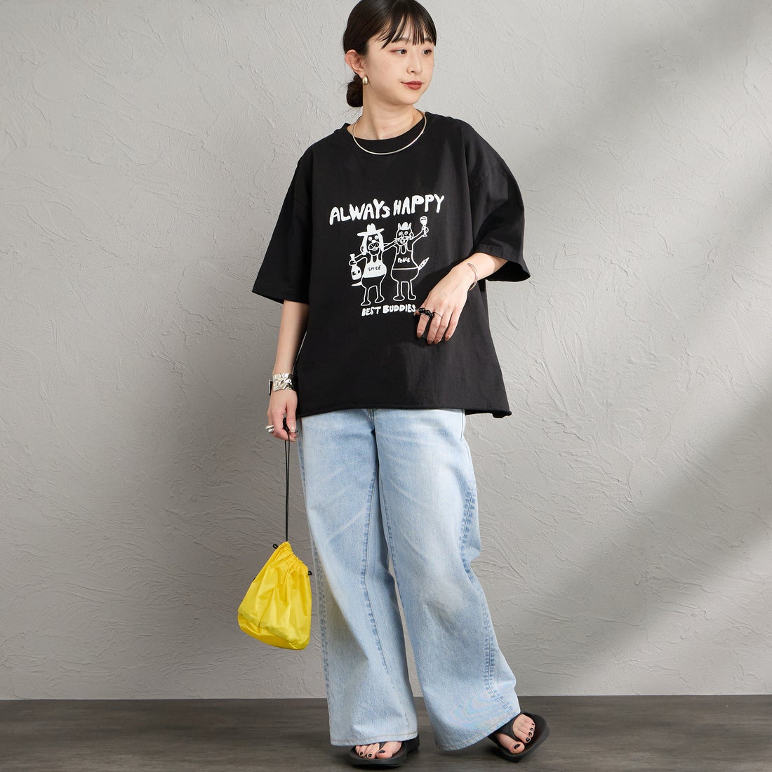 FUNG [ファング] BEST BUDDIES カットオフ プリントTシャツ [BEST-BUDDIES] BLACK &&モデル身長：150cm 着用サイズ：M&&