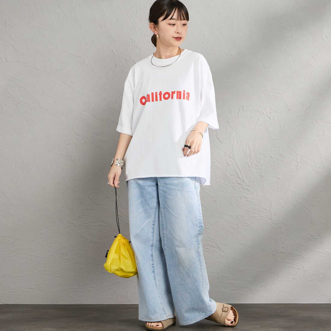 FUNG [ファング] C.ORANGE カットオフ プリントTシャツ [CORANGE] WHT/O.RED &&モデル身長：150cm 着用サイズ：M&&