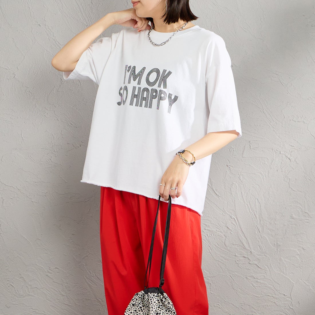 FUNG [ファング] I'M OK カットオフ プリントTシャツ [IM-OK] WHT/BLACK &&モデル身長：160cm 着用サイズ：M&&