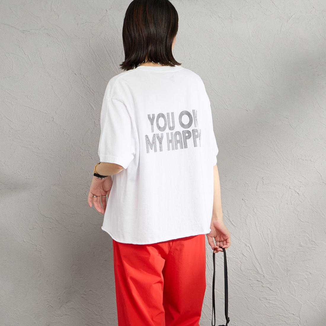 FUNG [ファング] I'M OK カットオフ プリントTシャツ [IM-OK] WHT/BLACK &&モデル身長：160cm 着用サイズ：M&&