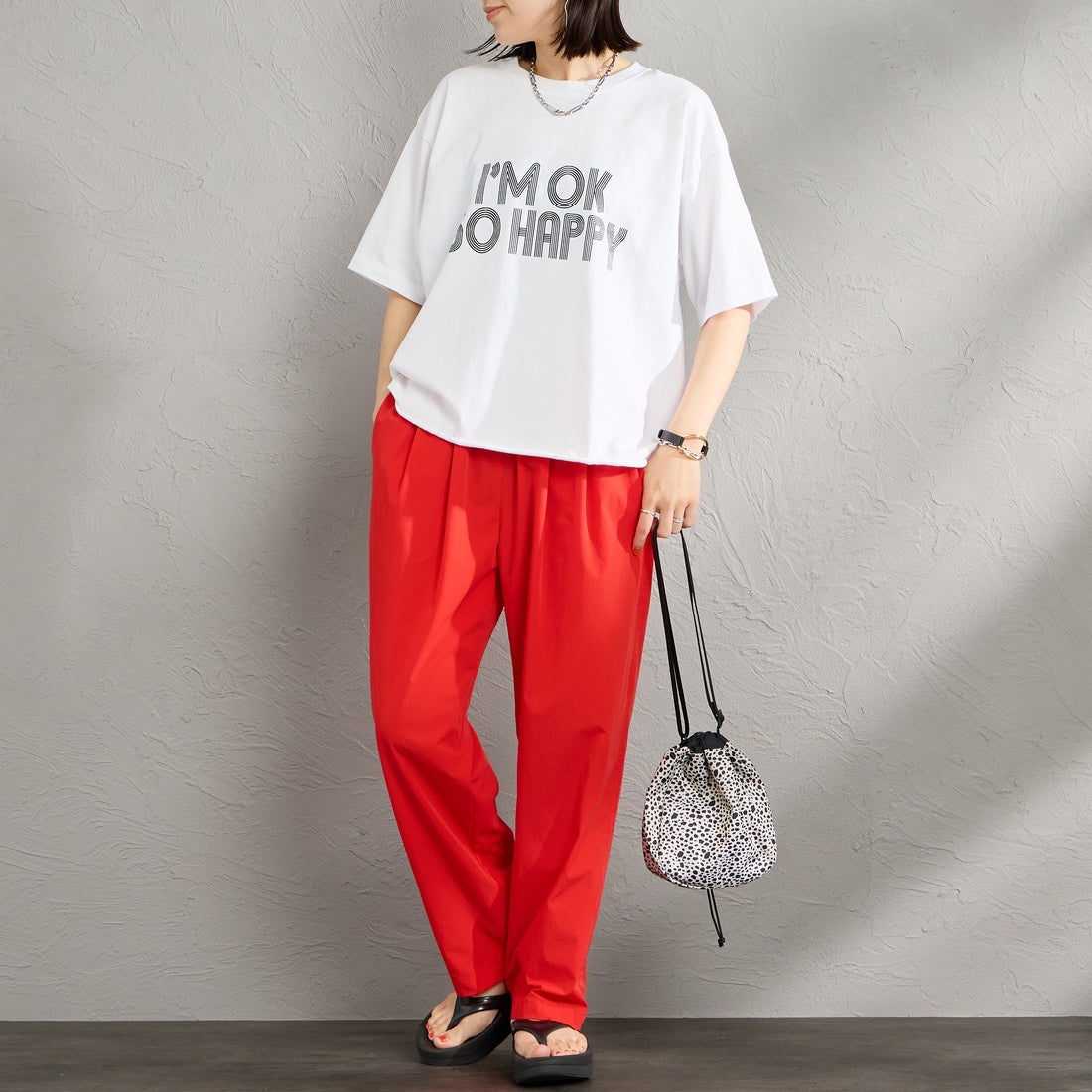 FUNG [ファング] I'M OK カットオフ プリントTシャツ [IM-OK] WHT/BLACK &&モデル身長：160cm 着用サイズ：M&&