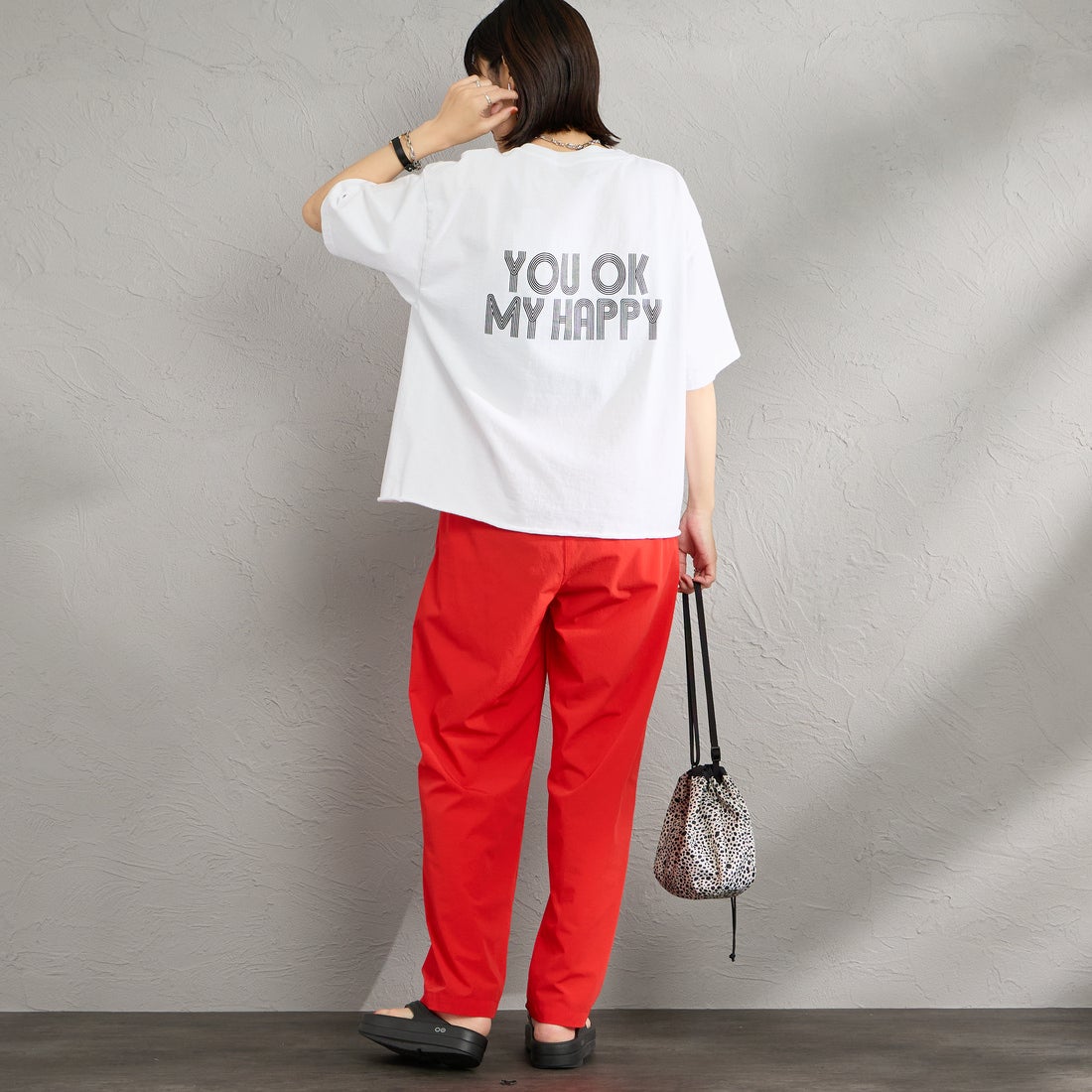 FUNG [ファング] I'M OK カットオフ プリントTシャツ [IM-OK] WHT/BLACK &&モデル身長：160cm 着用サイズ：M&&