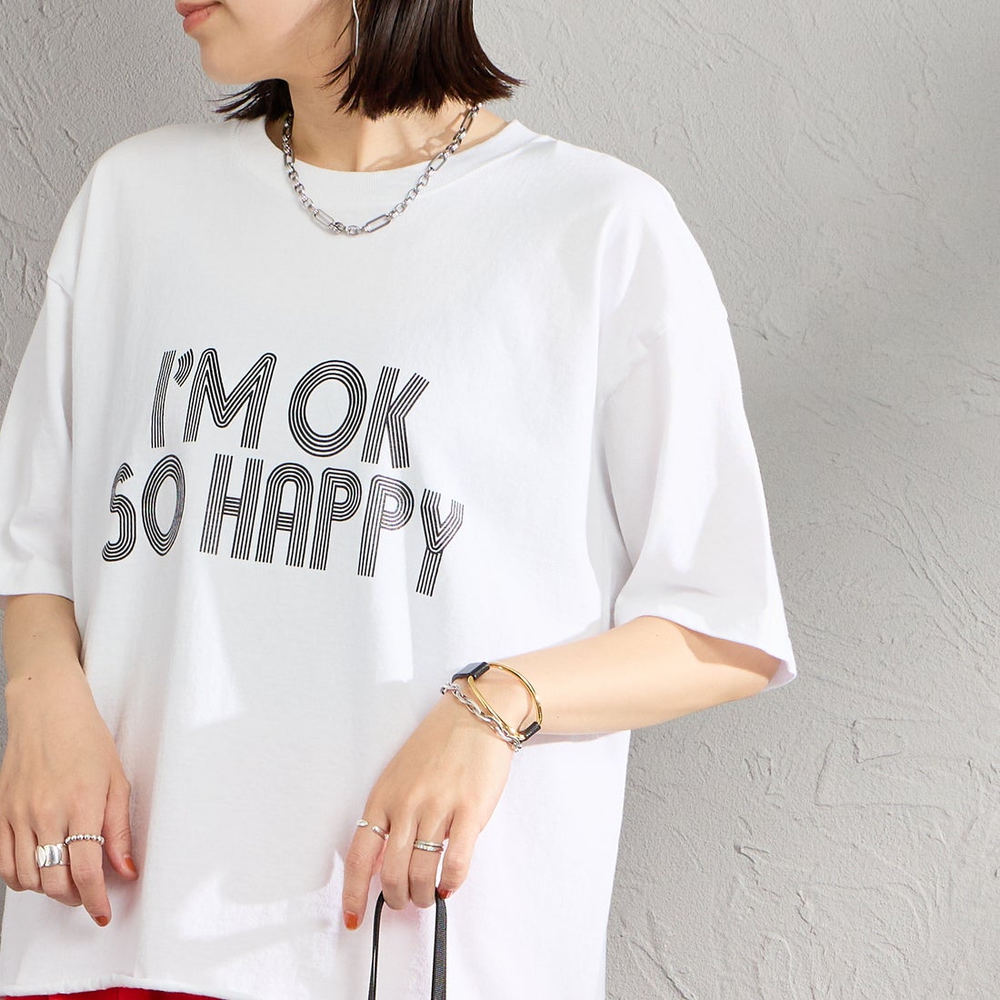 FUNG [ファング] I'M OK カットオフ プリントTシャツ [IM-OK] WHT/BLACK &&モデル身長：160cm 着用サイズ：M&&