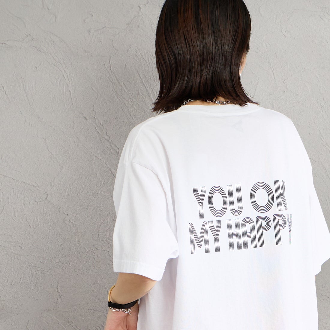FUNG [ファング] I'M OK カットオフ プリントTシャツ [IM-OK] WHT/BLACK &&モデル身長：160cm 着用サイズ：M&&