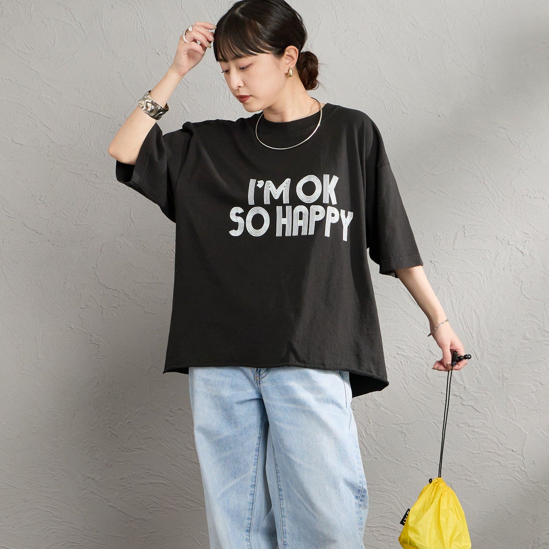 FUNG [ファング] I'M OK カットオフ プリントTシャツ [IM-OK] BLACK &&モデル身長：150cm 着用サイズ：M&&