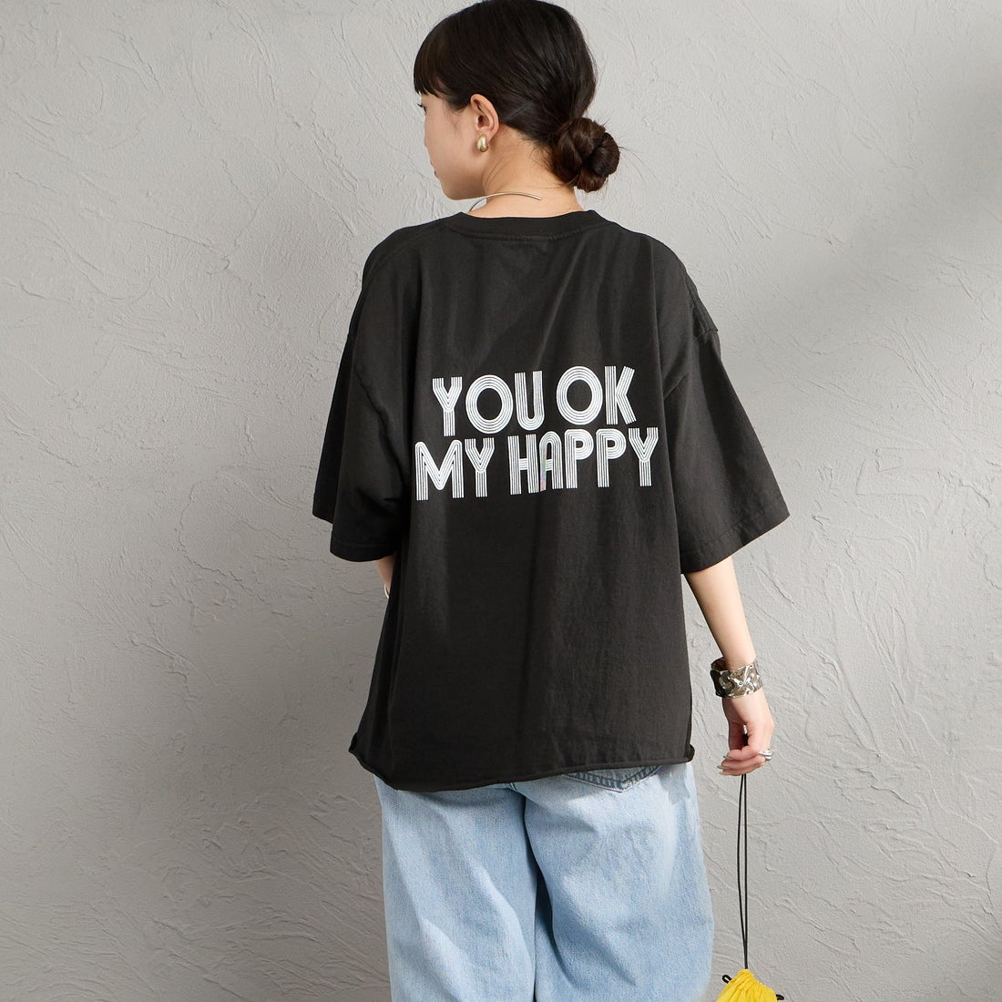 FUNG [ファング] I'M OK カットオフ プリントTシャツ [IM-OK] BLACK &&モデル身長：150cm 着用サイズ：M&&