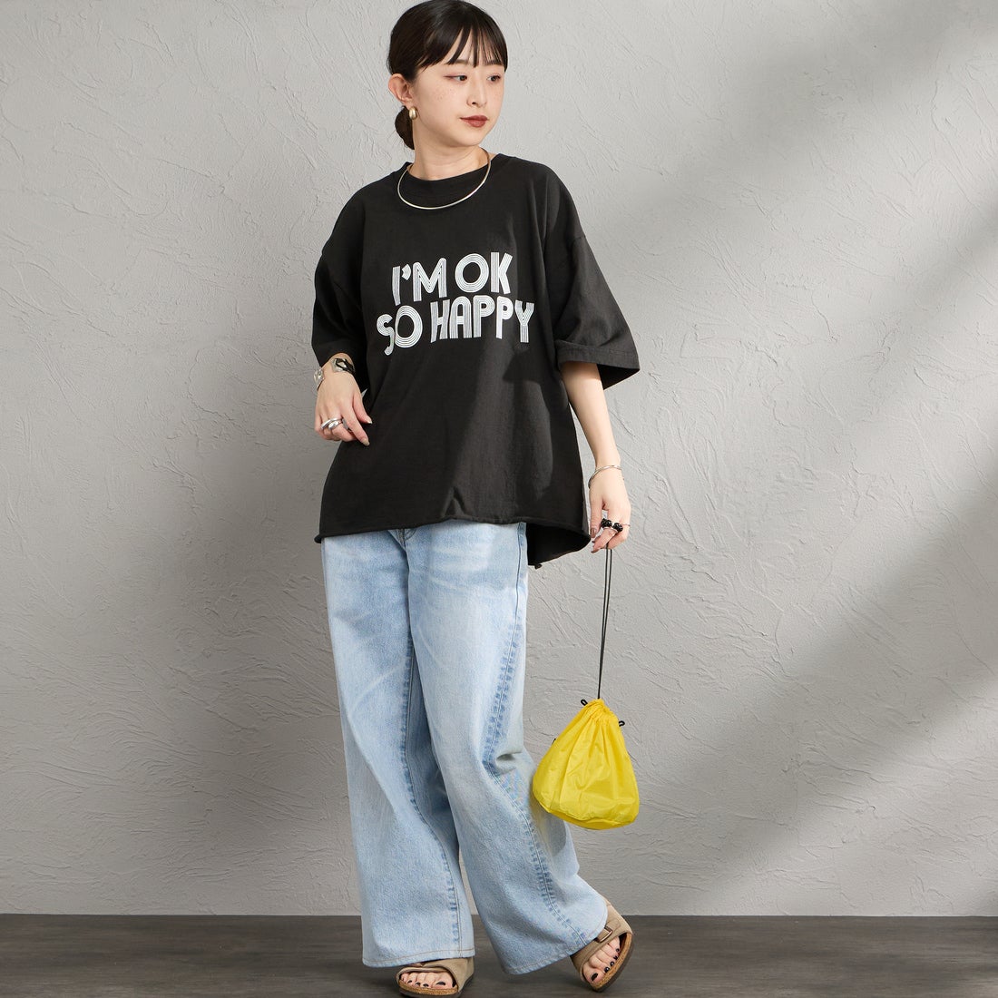FUNG [ファング] I'M OK カットオフ プリントTシャツ [IM-OK] BLACK &&モデル身長：150cm 着用サイズ：M&&