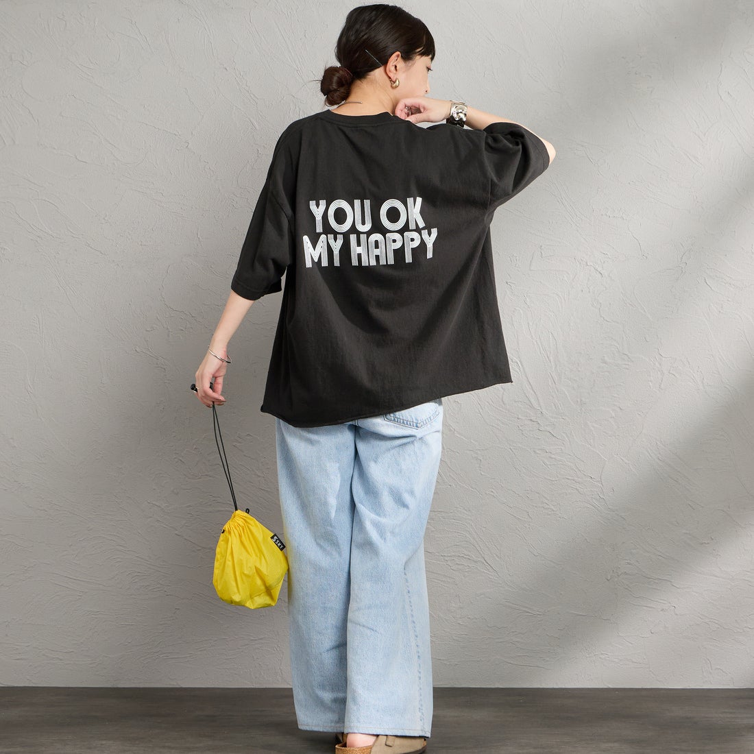 FUNG [ファング] I'M OK カットオフ プリントTシャツ [IM-OK] BLACK &&モデル身長：150cm 着用サイズ：M&&