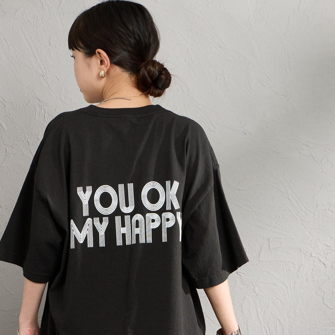 FUNG [ファング] I'M OK カットオフ プリントTシャツ [IM-OK] BLACK &&モデル身長：150cm 着用サイズ：M&&