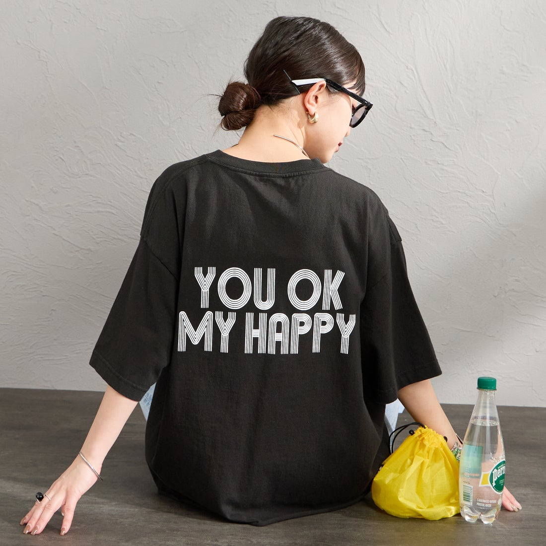 FUNG [ファング] I'M OK カットオフ プリントTシャツ [IM-OK] BLACK &&モデル身長：150cm 着用サイズ：M&&