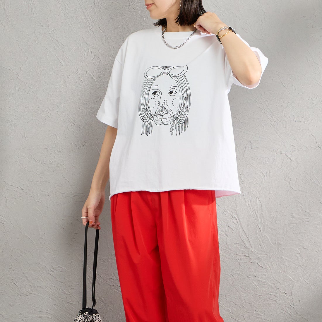 FUNG [ファング] K.C カットオフ プリントTシャツ [KC] WHT/BLACK &&モデル身長：160cm 着用サイズ：M&&