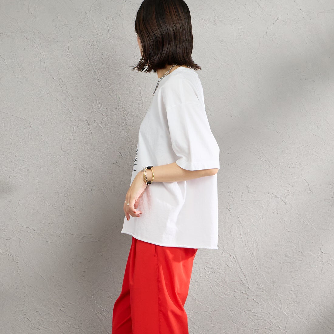 FUNG [ファング] K.C カットオフ プリントTシャツ [KC] WHT/BLACK &&モデル身長：160cm 着用サイズ：M&&