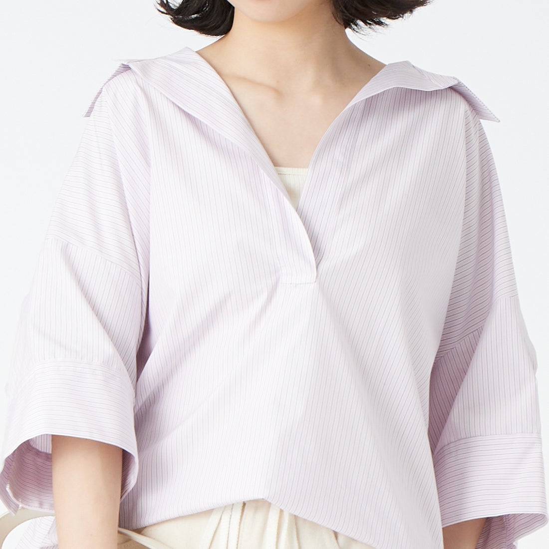 Jeans Factory Clothes [ジーンズファクトリークローズ] フォルムスキッパーシャツ [24BL-004] ﾋﾟﾝｸST &&モデル身長：162cm 着用サイズ：F&&