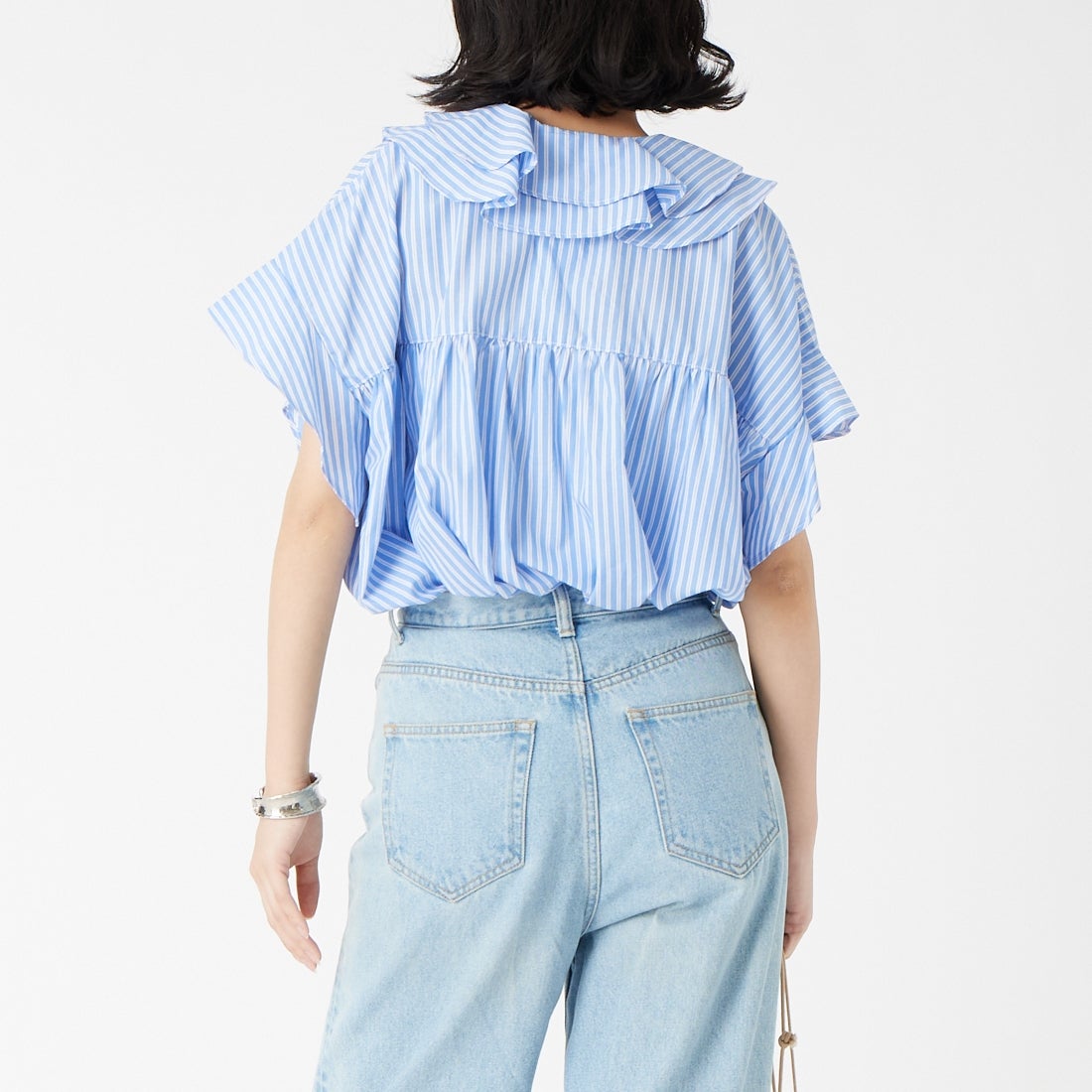 USINE [ユジーヌ] ラッフルカラーフリルブラウス [IN5-SH-6] SAX ST &&モデル身長：162cm 着用サイズ：F&&