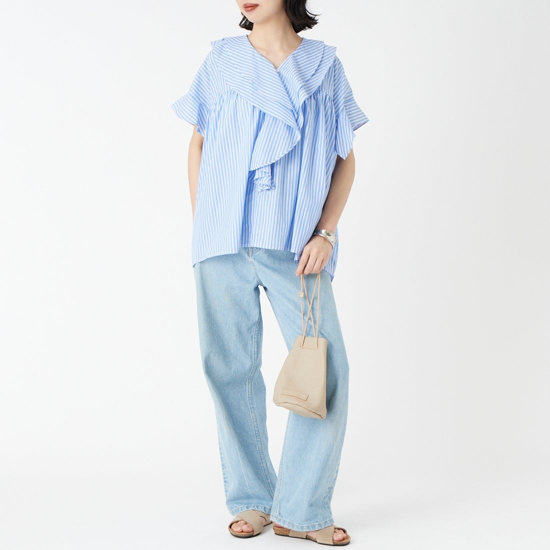 USINE [ユジーヌ] ラッフルカラーフリルブラウス [IN5-SH-6] SAX ST &&モデル身長：162cm 着用サイズ：F&&