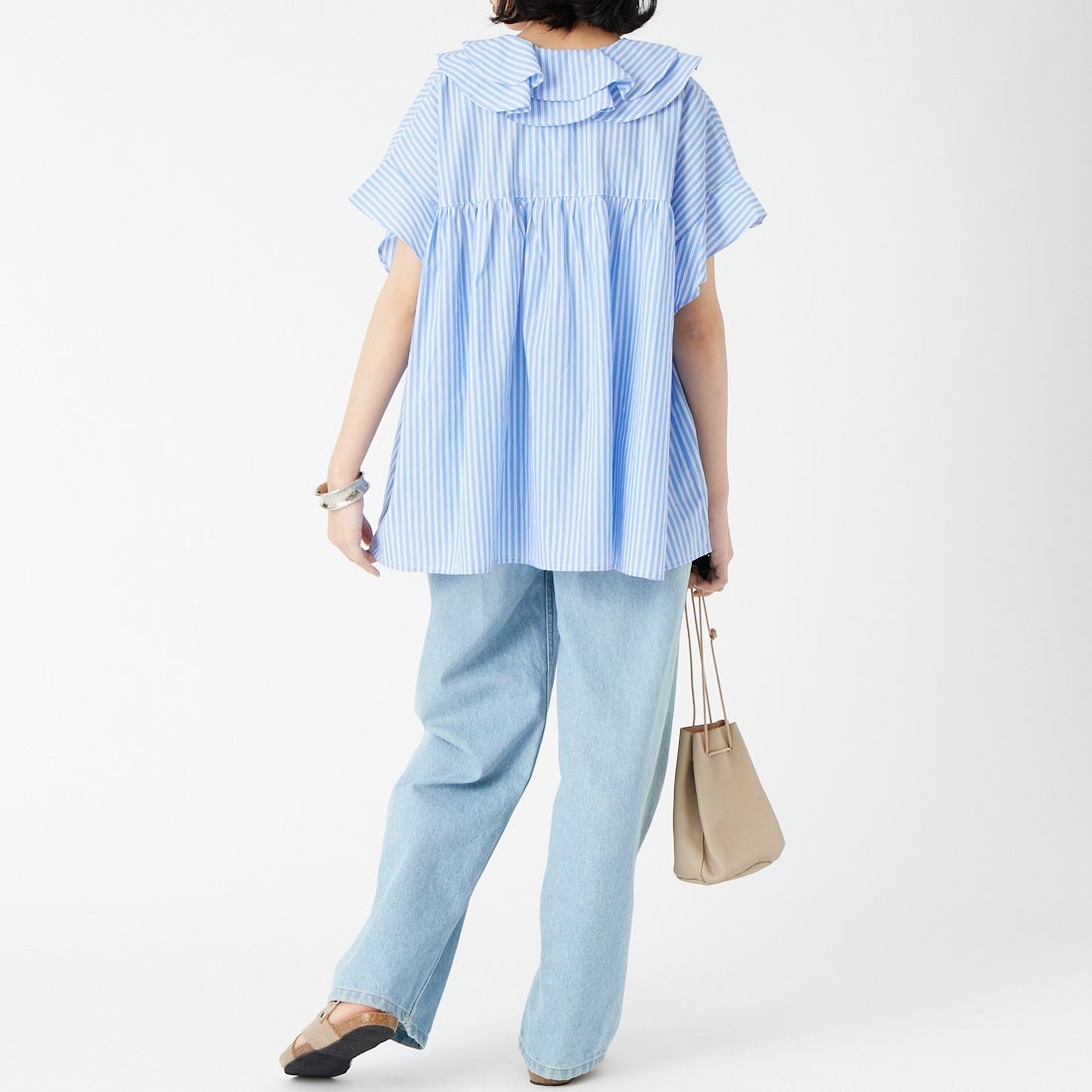 USINE [ユジーヌ] ラッフルカラーフリルブラウス [IN5-SH-6] SAX ST &&モデル身長：162cm 着用サイズ：F&&