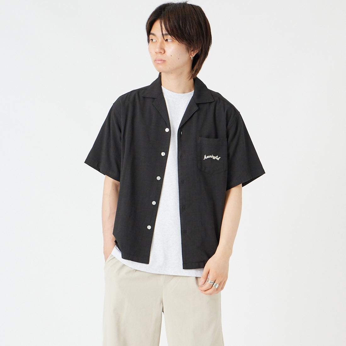 33Degrees [サーティスリーディグリーズ] 刺繍リネンラタッチ オープンカラーシャツ [TDR-262-028] 01BLK ﾄﾗ &&モデル身長：177cm 着用サイズ：M&&