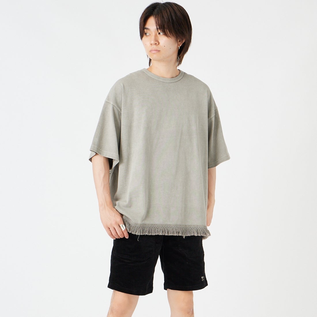 HELLO CALIF [ハローカリフ] HAV-A-HANK フリンジTシャツ [662004] GREIGE &&モデル身長：177cm 着用サイズ：L&&