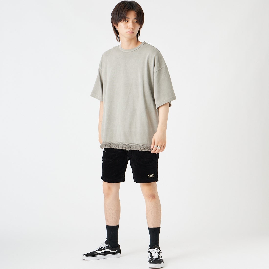 HELLO CALIF [ハローカリフ] HAV-A-HANK フリンジTシャツ [662004] GREIGE &&モデル身長：177cm 着用サイズ：L&&