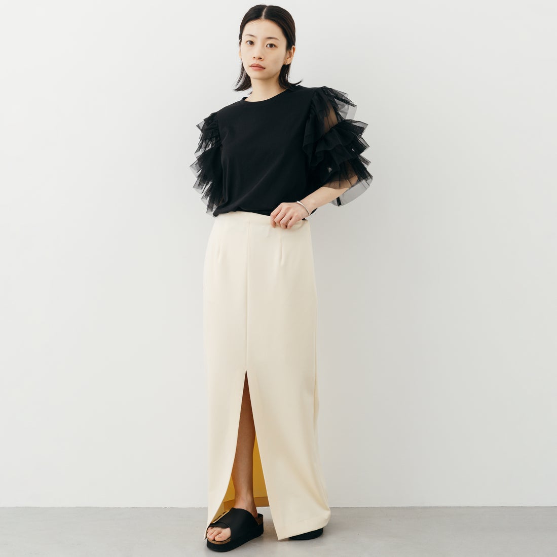 nenom [ネノム] 袖チュールドッキングショートスリーブTシャツ [NE26322006] 09 BLACK
