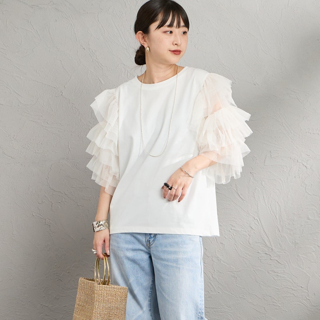 nenom [ネノム] 袖チュールドッキングショートスリーブTシャツ [NE26322006] 02 OFF &&モデル身長：150cm 着用サイズ：F&&