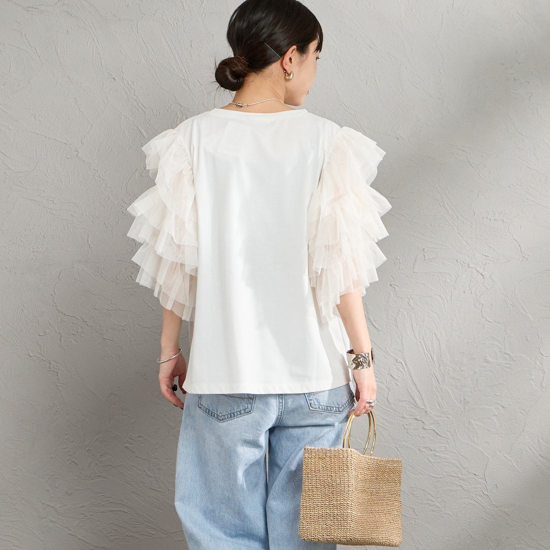 nenom [ネノム] 袖チュールドッキングショートスリーブTシャツ [NE26322006] 02 OFF &&モデル身長：150cm 着用サイズ：F&&
