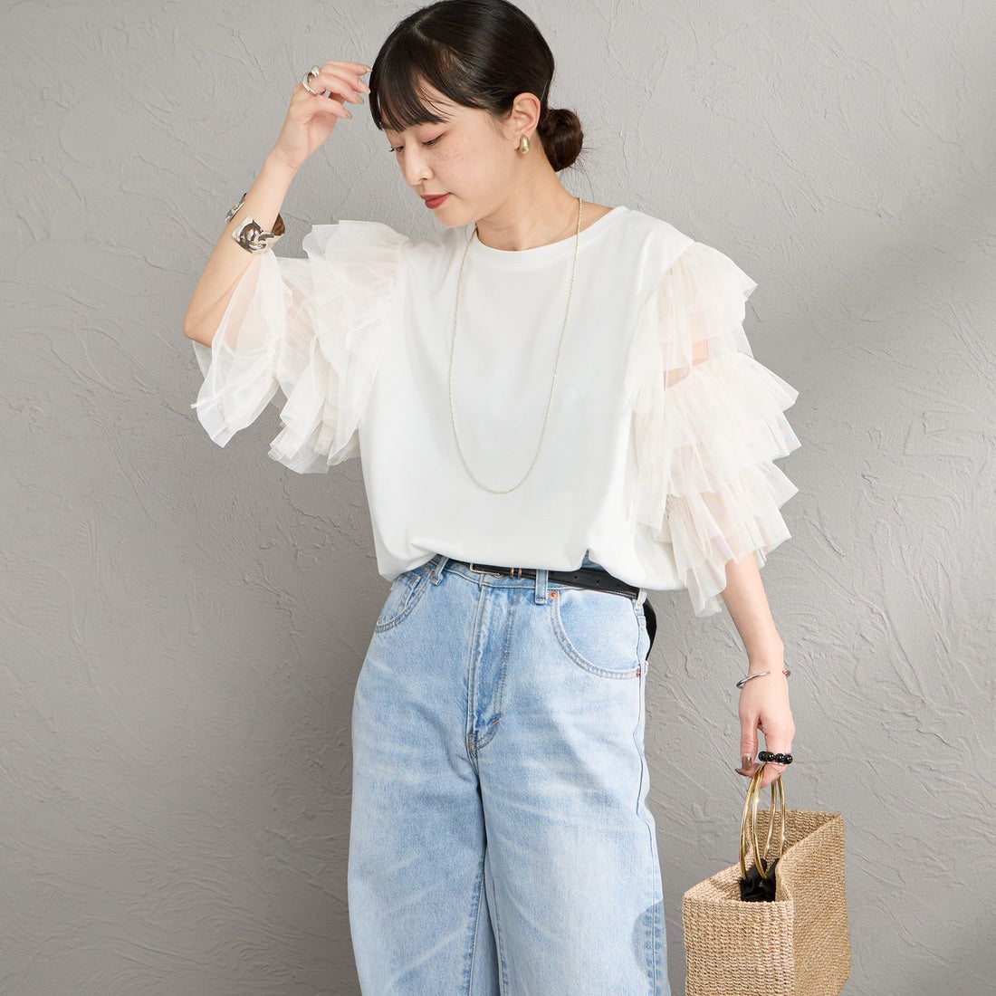 nenom [ネノム] 袖チュールドッキングショートスリーブTシャツ [NE26322006] 02 OFF &&モデル身長：150cm 着用サイズ：F&&