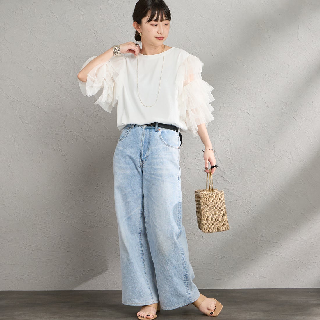 nenom [ネノム] 袖チュールドッキングショートスリーブTシャツ [NE26322006] 02 OFF &&モデル身長：150cm 着用サイズ：F&&