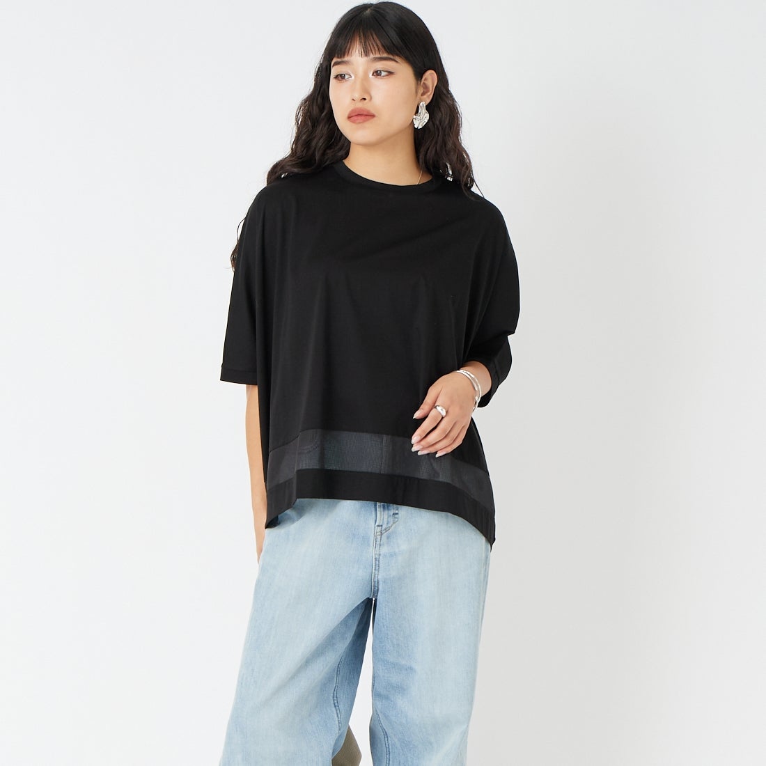 Jf Ready Made [ジェイエフレディメイド] シルケット天竺メッシュTシャツ [3212102] 801 ﾌﾞﾗｯｸ &&モデル身長：162cm 着用サイズ：F&&